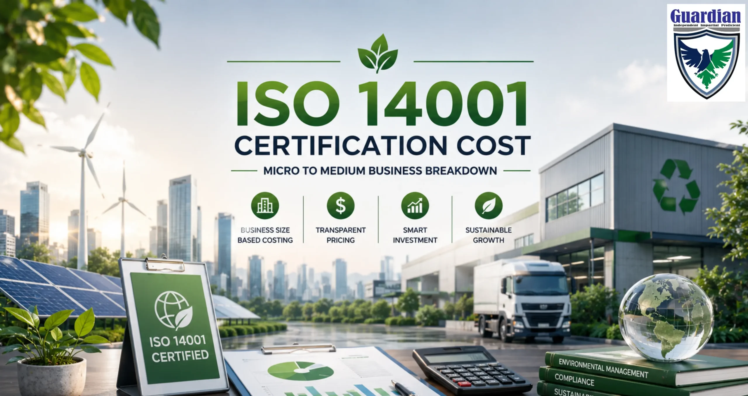 ISO 14001 certification cost breakdown for small and medium businesses with environmental compliance and sustainability management concepts.