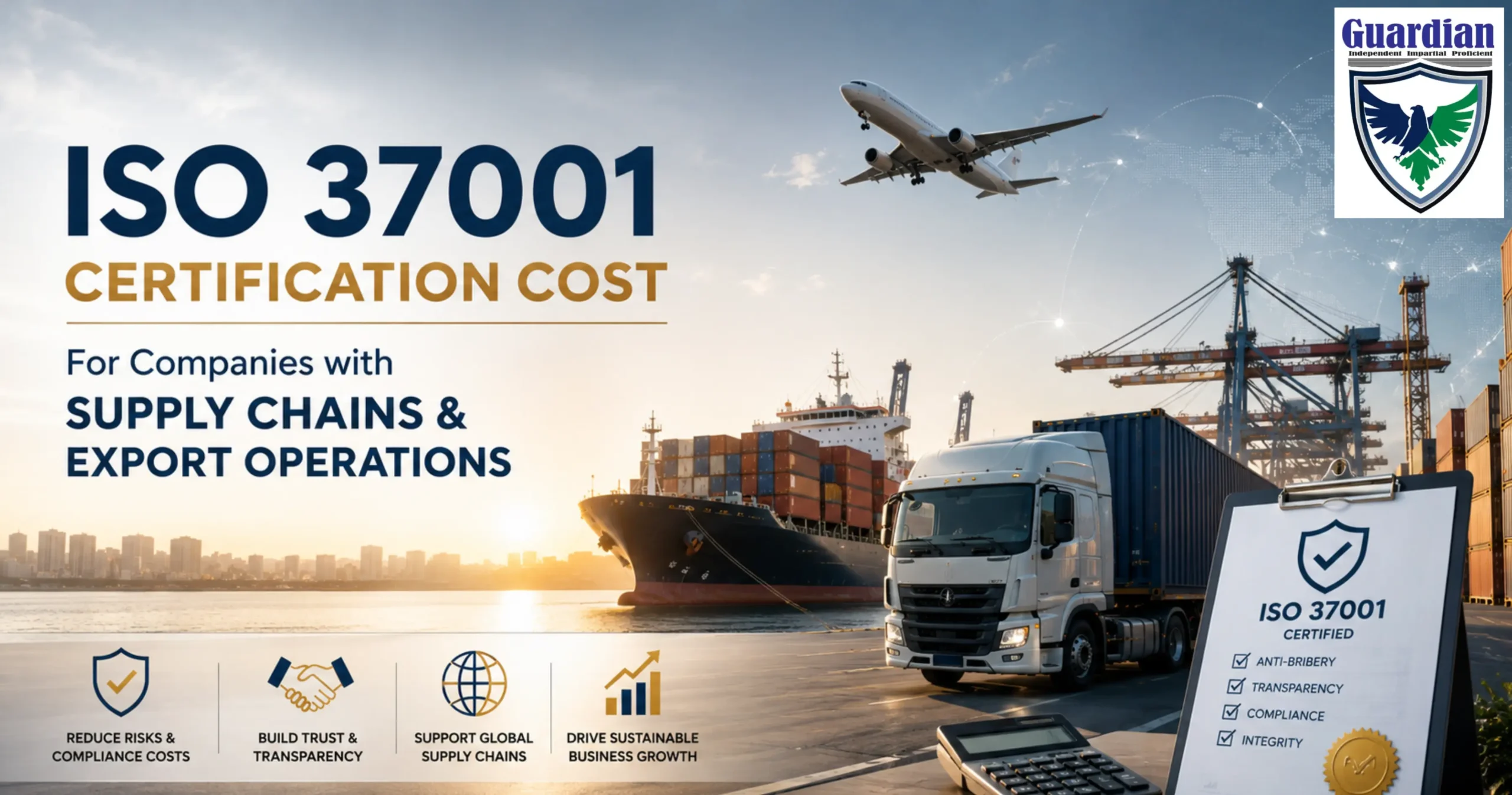 ISO 37001 certification cost concept for supply chain and export companies with global logistics and anti-bribery compliance systems.