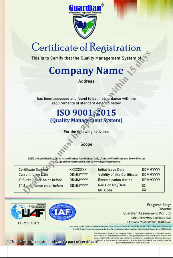 Sample Certificate ISO 9001 - UAF