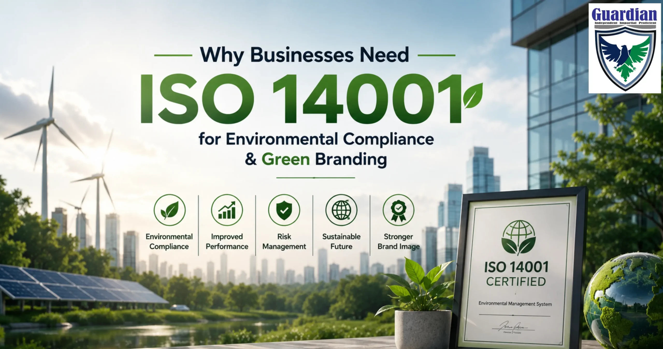 ISO 14001 environmental management certification concept with green business compliance, sustainability, and eco-friendly branding.