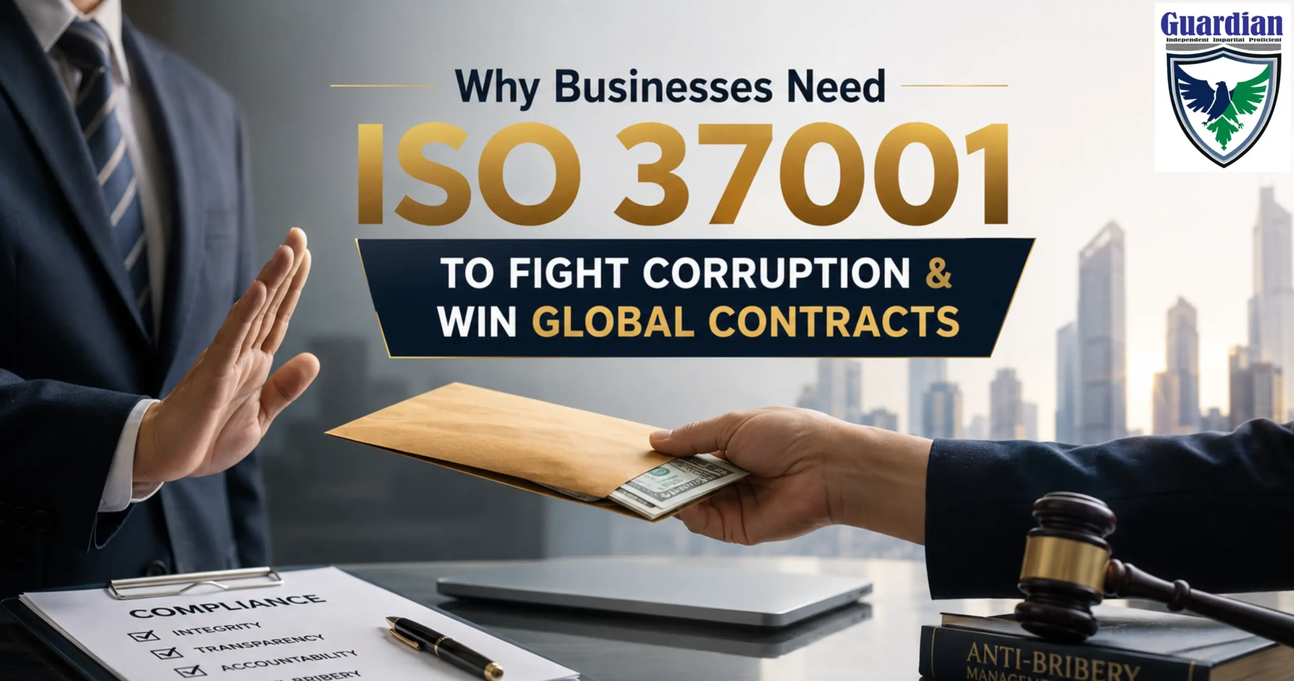 Business professionals rejecting bribery with ISO 37001 anti-bribery compliance certification concept.