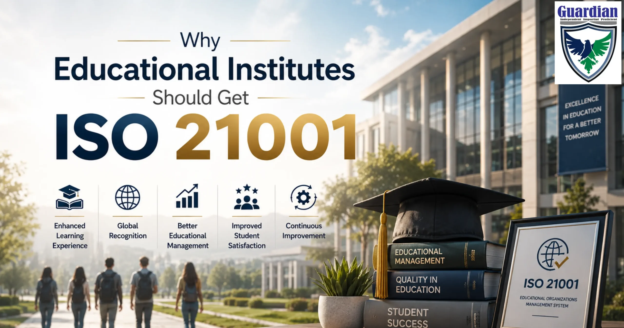 ISO 21001 certification for educational institutes with student success, quality education, and educational management system concept.