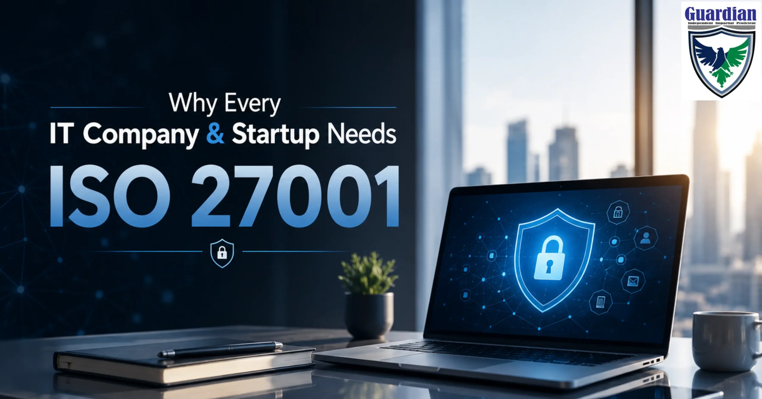 ISO 27001 cybersecurity certification concept for IT companies and startups with secure digital data protection system