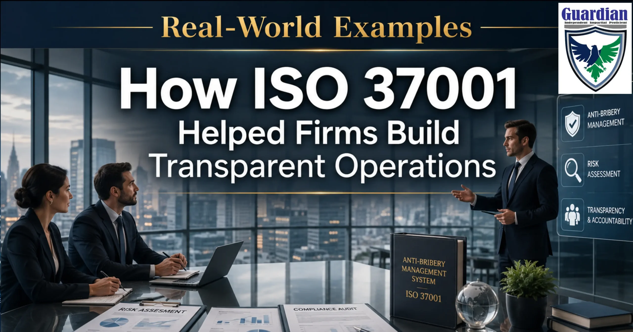 Business meeting on ISO 37001 anti-bribery management system for transparent and ethical operations.