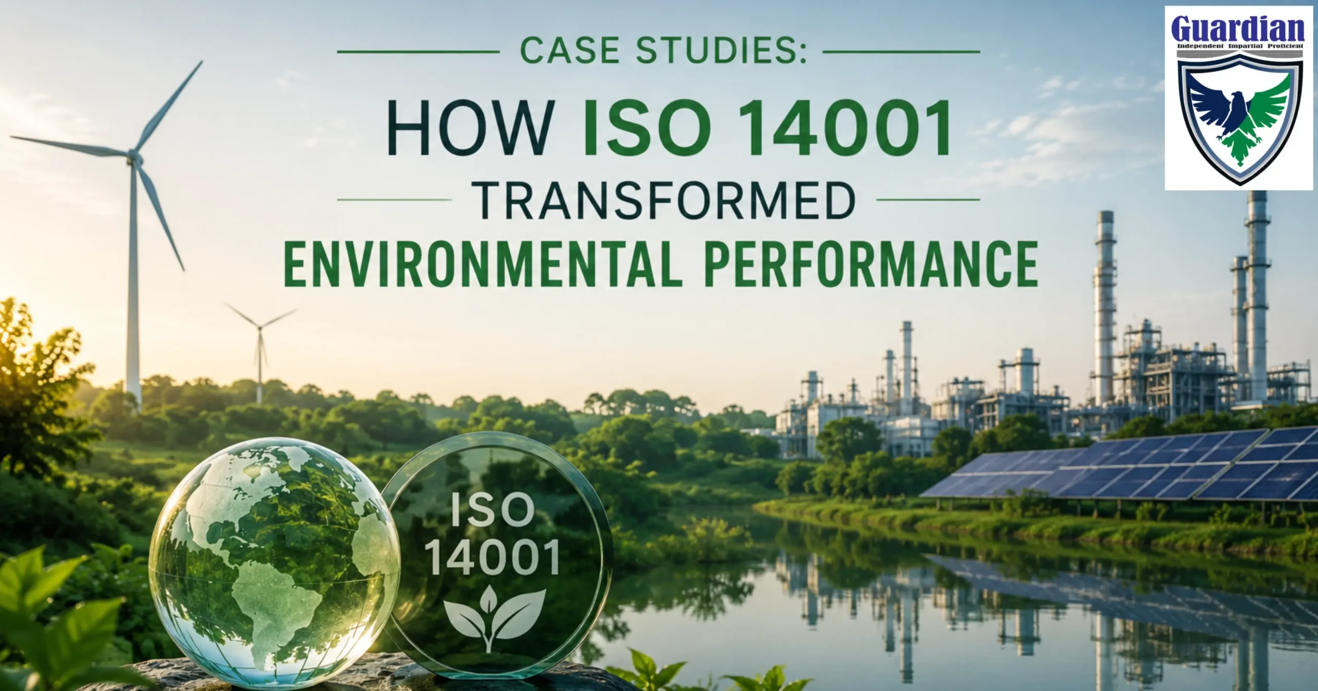 ISO 14001 environmental performance case study showing renewable energy, sustainable industry, and green compliance.
