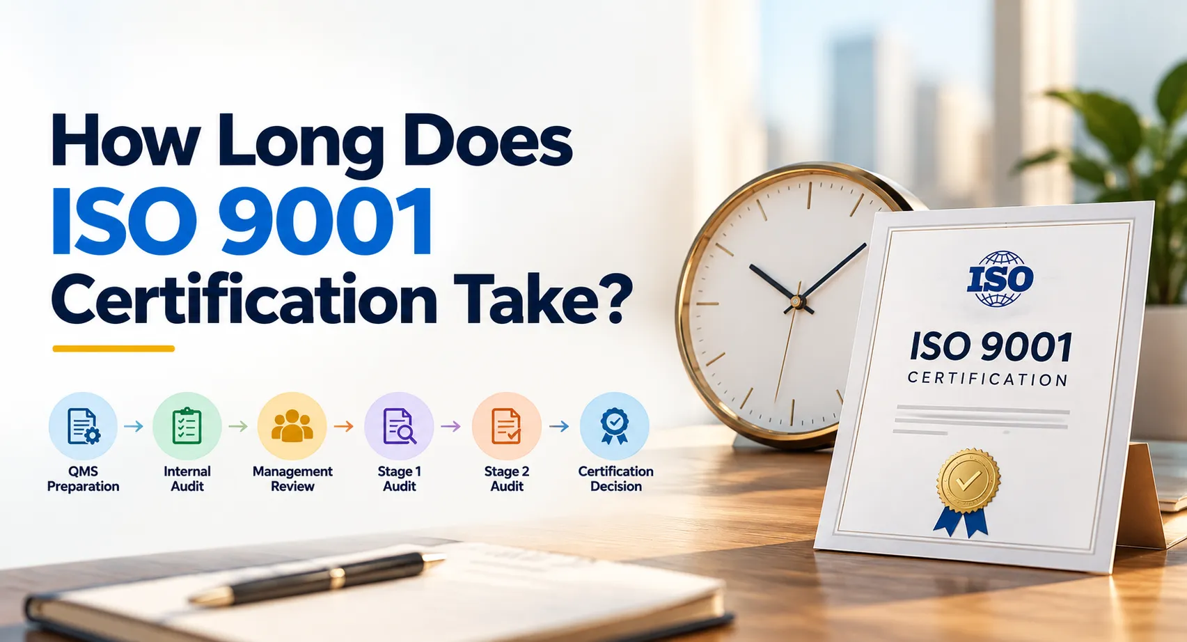 How long does ISO 9001 certification take infographic showing QMS preparation, internal audit, management review, Stage 1 audit, Stage 2 audit, and certification decision process.