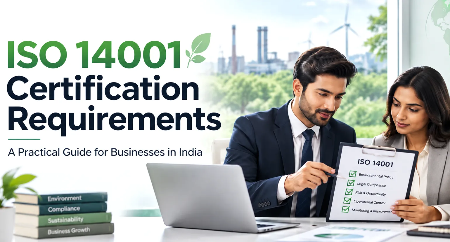 ISO 14001 certification requirements guide for businesses in India with professionals reviewing an environmental management checklist
