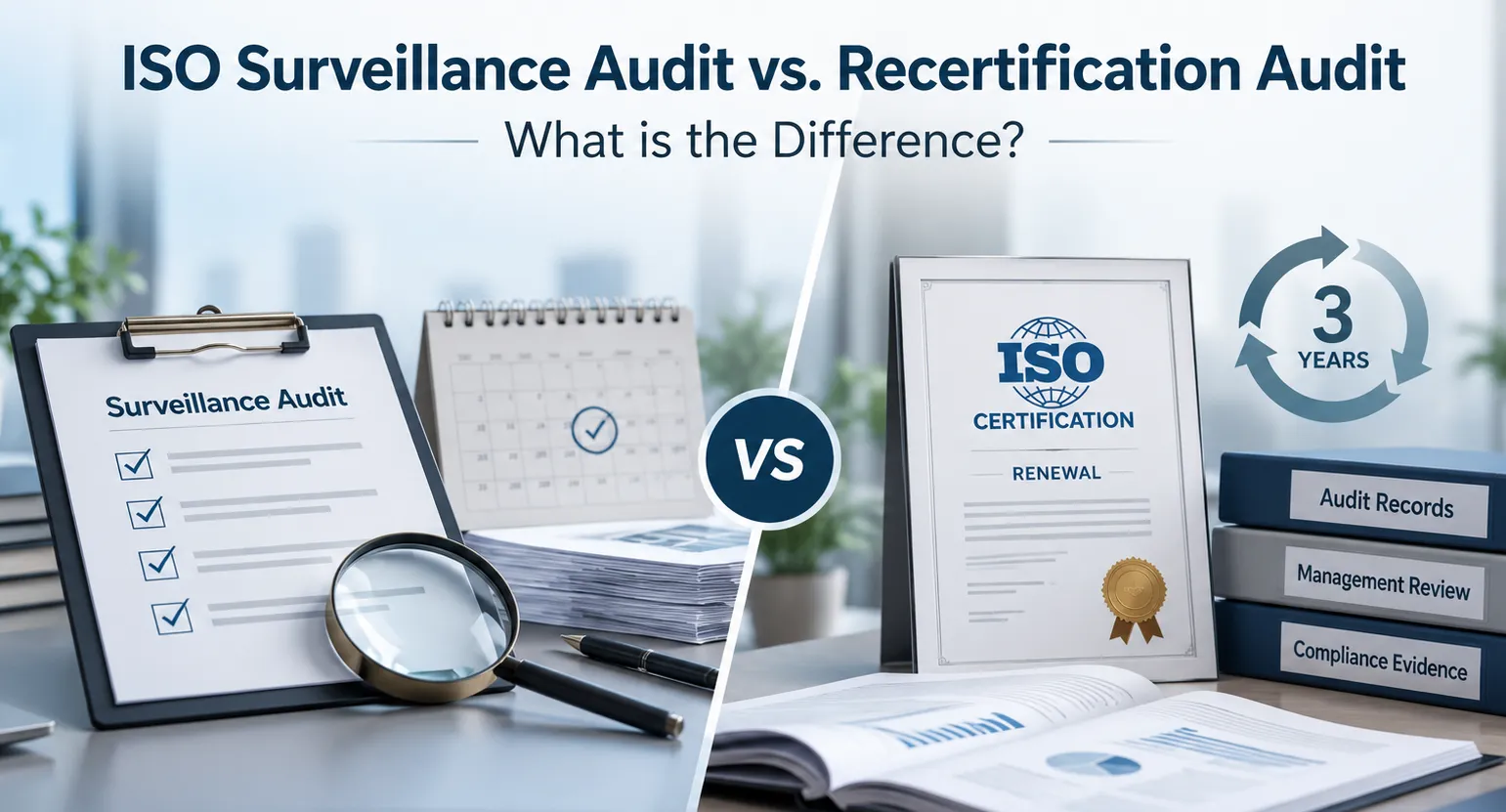 ISO Surveillance Audit vs Recertification Audit comparison showing audit checklist, certification renewal, and 3-year ISO cycle